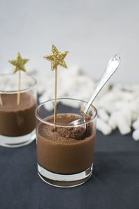 Close-up of chocolates in glasses on table