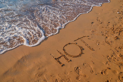 High angle view of text on beach