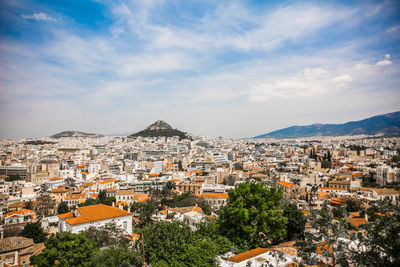 High angle shot of townscape against sky
