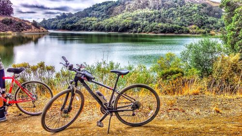 Boats moored at lakeshore