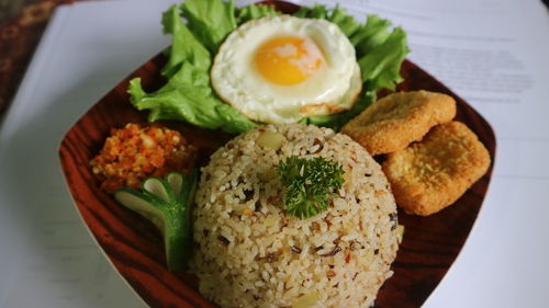 High angle view of breakfast served on table