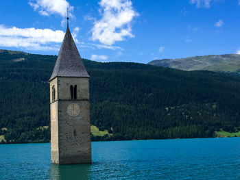 Church by building against sky