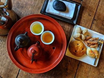 High angle view of breakfast on table