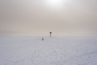 Scenic view of snow covered land against sky