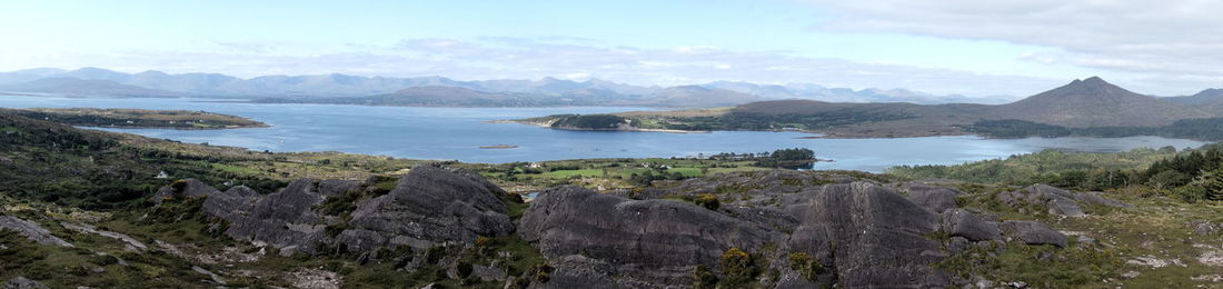 Scenic view of sea and mountains against sky