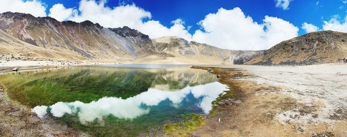 Panoramic view of lake and mountains against sky