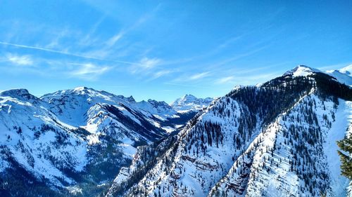 Scenic view of snow covered mountains against sky