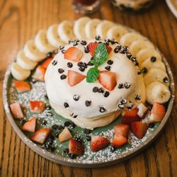 High angle view of dessert in plate on table