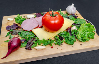 High angle view of food on cutting board