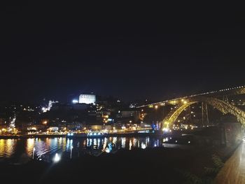 Illuminated city by river against clear sky at night