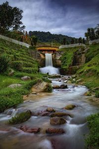 Scenic view of waterfall by trees against sky