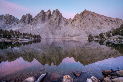 Scenic view of lake and mountains against clear sky