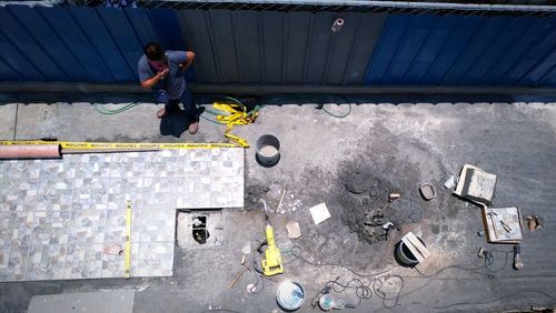 High angle view of man working at construction site