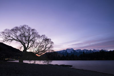 Silhouette bare tree by lake against sky at sunset