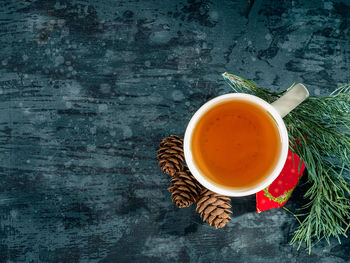 High angle view of coffee cup on table