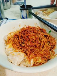 Close-up of noodles served in bowl