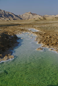 Scenic view of land and mountains against clear sky