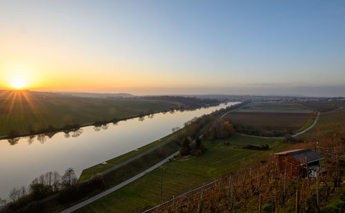 Scenic view of agricultural field against sky during sunset