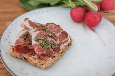 High angle view of breakfast on table