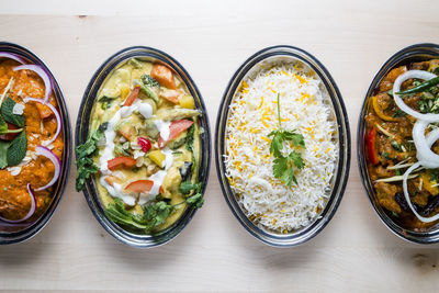 High angle view of meal served on table