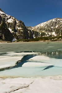 Scenic view of snowcapped mountains against clear sky