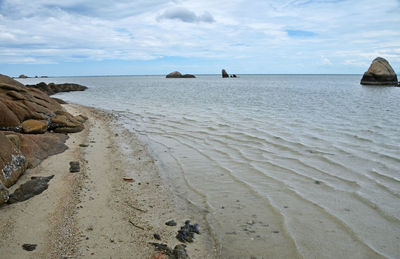 Scenic view of beach against cloudy sky