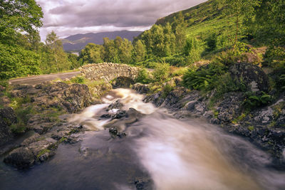 Ashness bridge is an example of a packhorse bridge, and has views looking north