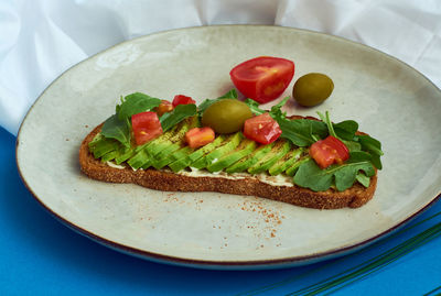 High angle view of breakfast served in plate on table