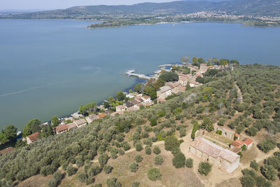 Aerial view of a portion of the greater island in the trasimeno lake umbria italy