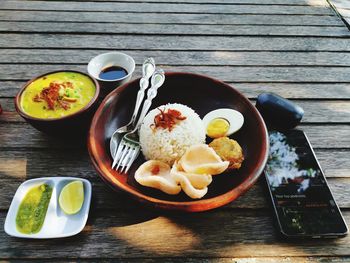 High angle view of breakfast served on table