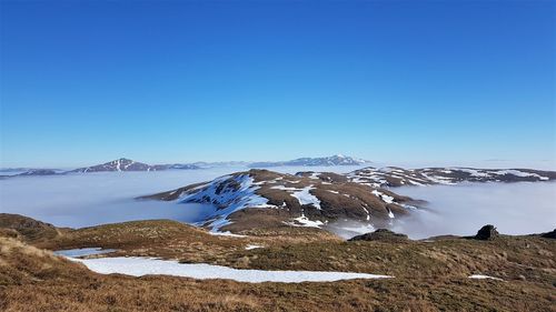 Scenic view of snowcapped mountains against clear blue sky
