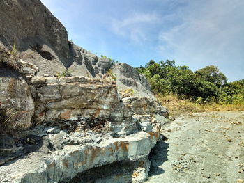 Rock formation on mountain against sky