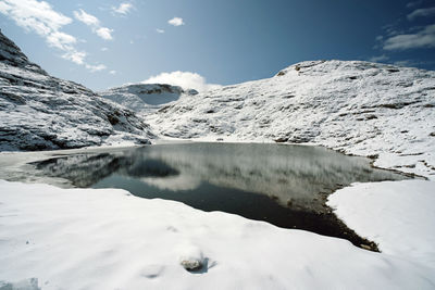 Scenic view of snowcapped mountains against sky during winter