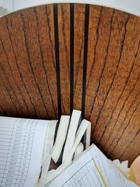 High angle view of book on table