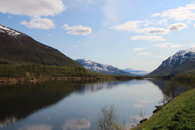 Scenic view of lake and mountains against sky