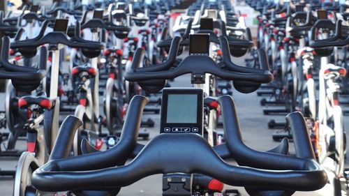 View of bicycles in city