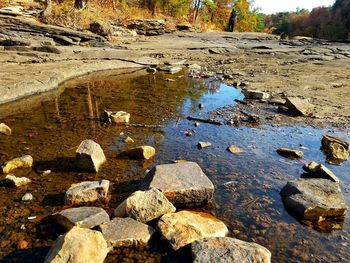 High angle view of stones in lake