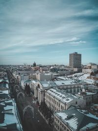 High angle shot of townscape against sky