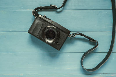 High angle view of camera on table