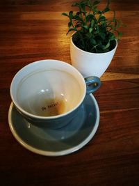 High angle view of tea cup on table