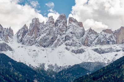 Low angle view of snow mountains against sky