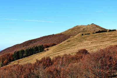 Scenic view of mountains against clear blue sky