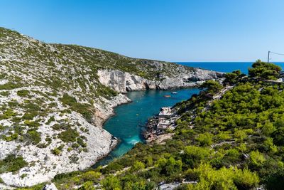 Scenic view of bay against clear blue sky