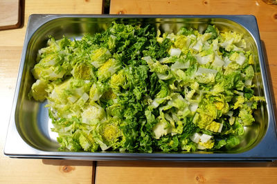 High angle view of vegetables in tray on table