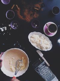 High angle view of breakfast on table