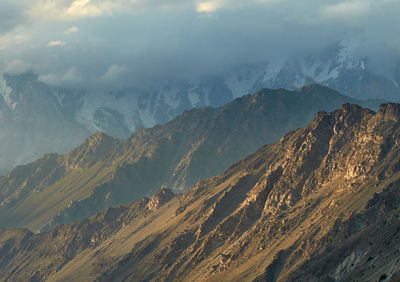 Aerial view of snowcapped mountains against sky