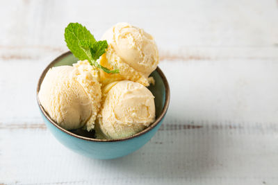 Close-up of ice cream in bowl on table