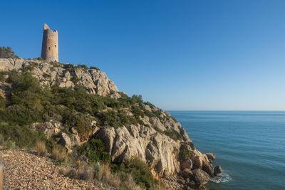 Scenic view of sea against clear blue sky