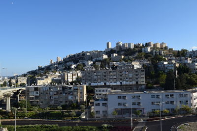 View of cityscape against blue sky