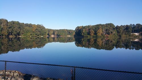 Scenic view of lake against clear blue sky